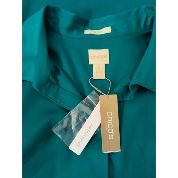 Chico's Button up Shirt Women's Sz 12 Teal Long Sleeve Collared No Iron Cotton - Picture 8 of 13